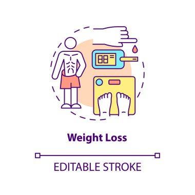 Kilo verme konsepti ikonu. Kilo kaybediyoruz. Hastalık sorunları. Tıbbi yardım. Diyabeti tedavi etmek soyut fikir ince çizgi çizimi. Vektör izole edilmiş dış hat renk çizimi. Düzenlenebilir vuruş