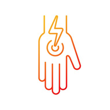 Kol ve bacaklardaki kramplar doğrusal vektör ikonunu gösteriyor. Kolunda akut eklem ağrısı. Sakatlık, kas zorlanması. İnce çizgi renkli semboller. Modern tarz pictogram. Vektör izole çizimi