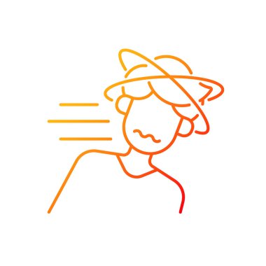 Bayılma gradyanı doğrusal vektör simgesi. Adam güneş çarpmasından bilincini kaybediyor. Güneş çarpması belirtisi olarak baş dönmesi. İnce çizgi renkli semboller. Modern tarz pictogram. Vektör izole çizimi