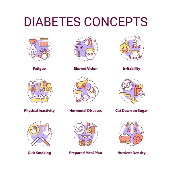 Icônes Concept Diabète Ensemble Problèmes Santé Problèmes Santé Régime Alimentaire — Image vectorielle