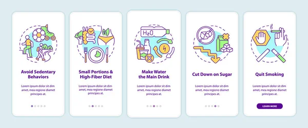 糖尿病予防ヒントオンボーディングモバイルアプリページ画面 食事の部分は概念と5つのステップのグラフィック指示を歩く リニアカラーイラスト付きGuiベクトルテンプレート — ストックベクタ