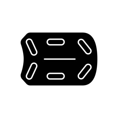 Kurtarma tahtası siyah sembol. Su kurtarma operasyonları. Yüzdürme cihazı. Can kurtaran ve kurban ağırlıklarını destekliyorum. Yüzme olayları. Beyaz uzayda siluet sembolü. Vektör izole illüstrasyonu