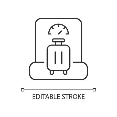 Yük ağırlığı doğrusal simgesi. Bavullar havaalanında. Yolcu bavulu kontrolü. İnce çizgi özelleştirilebilir illüstrasyon. Contour sembolü. Vektör izole çizim. Düzenlenebilir vuruş