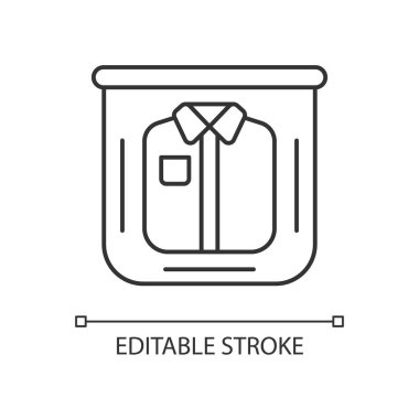 Plastik torba doğrusal simgeyle giyinmek. Giysi paketleme için kompres paketini boşaltın. Turistler için şeyler. İnce çizgi özelleştirilebilir illüstrasyon. Contour sembolü. Vektör izole çizim. Düzenlenebilir vuruş