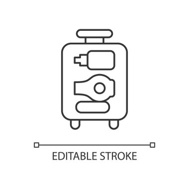 Bavul doğrusal simgesini aç. Yolculuk için kozmetik ve hijyen konforlu bavullar. İnce çizgi özelleştirilebilir illüstrasyon. Contour sembolü. Vektör izole çizim. Düzenlenebilir vuruş