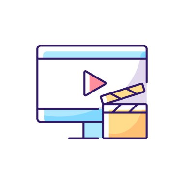 Televizyon RGB renk simgesi izlemek. Televizyon programı yayını. Ekranda film var. Ev aletleri. İzole vektör çizimi. Günlük rutin eğlence ve günlük aktivite basit doldurulmuş çizgi çizimi