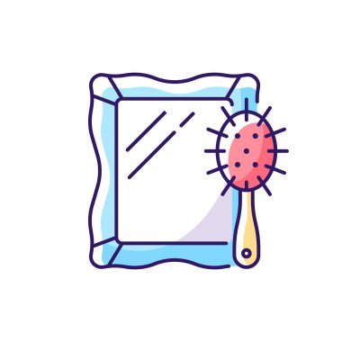 Ayna ve saç fırçası RGB renk simgesi. Saç stili için tarak. Kuaför kuaför aletleri. Bakım stüdyosu nesneleri. İzole vektör çizimi. Günlük rutin ve yaşam tarzı basit doldurulmuş çizgi çizimi