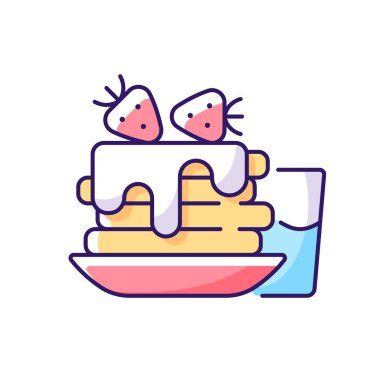 Kahvaltı RGB renk simgesi. Kahveli krep. Klasik Amerikan lokantası siparişi. Kremalı kek yığını. İzole vektör çizimi. Günlük rutin yemek basit doldurulmuş çizgi çizimi