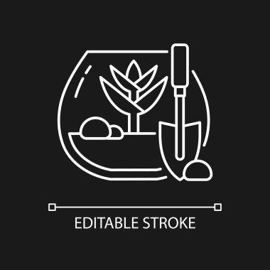 Koyu tema için DIY tropikal beyaz teraryum doğrusal simgesi. Nemli ortamda yetişen bitkiler. İnce çizgi özelleştirilebilir illüstrasyon. Gece modu için izole vektör kontur sembolü. Düzenlenebilir vuruş