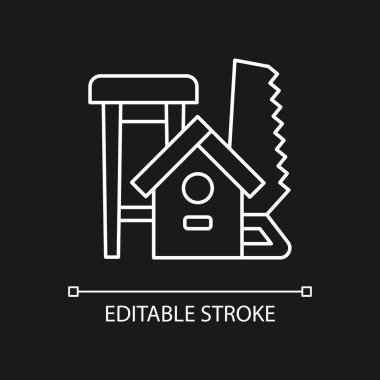 Koyu renk tema için ahşap işleme beyaz doğrusal simgesi. Tahta oyma. El yapımı mobilya yapımı. İnce çizgi özelleştirilebilir illüstrasyon. Gece modu için izole vektör kontur sembolü. Düzenlenebilir vuruş