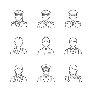 Gemi personeli doğrusal simgeleri ayarlandı. Yolcular için rahat bir gemi yolculuğu. Okyanus gezisini kontrol etmek. Özelleştirilebilir ince çizgi şekilleri. İzole vektör çizimi çizimleri. Düzenlenebilir vuruş