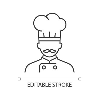 Gemi aşçısı doğrusal simge. Yolcular için yemek hazırlığı. Müşteriler için yemek servisi. İnce çizgi özelleştirilebilir illüstrasyon. Contour sembolü. Vektör izole çizim. Düzenlenebilir vuruş