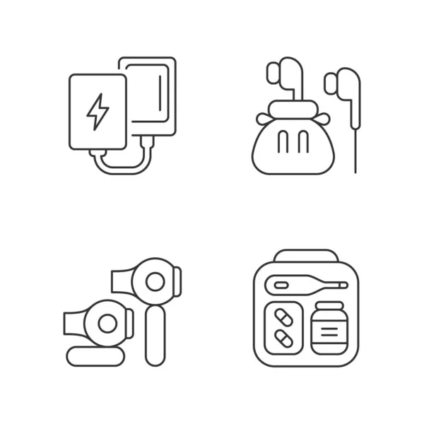 Lineare Symbole Für Das Reisegepäck Kompakte Powerbank Und Kopfhörer Verbandskasten — Stockvektor