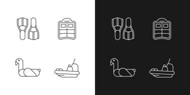 Yaz tatilleri, karanlık ve aydınlık mod için doğrusal simgeler oluşturuldu. Yüzücüler. Çift havuz yüzüyor. Çocuklar yüzme ringi. Özelleştirilebilir ince çizgi sembolleri. İzole vektör çizimi çizimleri. Düzenlenebilir vuruş