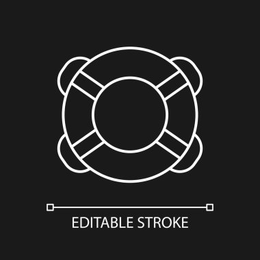 Karanlık tema için halka şamandırası beyaz doğrusal simgesi. Can yeleği. Yüzdürme cihazı. Yüzücüye yardım ediyorum. İnce çizgi özelleştirilebilir illüstrasyon. Gece modu için izole vektör kontur sembolü. Düzenlenebilir vuruş