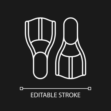 Karanlık tema için beyaz yüzgeç doğrusal simgesi. Dalış yüzgeçleri. Yüzdürme cihazı. Suda ilerliyorum. İnce çizgi özelleştirilebilir illüstrasyon. Gece modu için izole vektör kontur sembolü. Düzenlenebilir vuruş