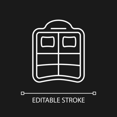 Çifte havuz, koyu renk tema için beyaz doğrusal simgeyi yüzdürür. Çift kişilik şişme yatak. Birlikte süzülüyorlar. İnce çizgi özelleştirilebilir illüstrasyon. Gece modu için izole vektör kontur sembolü. Düzenlenebilir vuruş