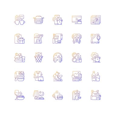 Günlük rutin gradyan doğrusal vektör simgeleri ayarlandı. Çalar saat. Kahve molası. İşe gitmek için transit geçiş, okul. İnce çizgili sembol demetleri. İzole vektör ana hatları illüstrasyon koleksiyonu