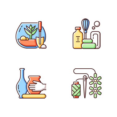 Yaratıcı hobiler RGB renk simgeleri seti. DIY tropikal teraryum. El yapımı sabun. Boncuk işi. Egzotik bitkiler yetiştiriyor. İzole vektör çizimleri. Çanak çömlek çizimi koleksiyonu yapmak