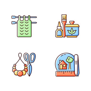 Yaratıcı sanatlar RGB renk simgeleri seti. Örgü örüyorum. El yapımı ponpon mücevherleri. Dekoupage. Minyatür yaratmak. İzole vektör çizimleri. El yapımı eşarp basit doldurulmuş çizgi çizimleri koleksiyonu