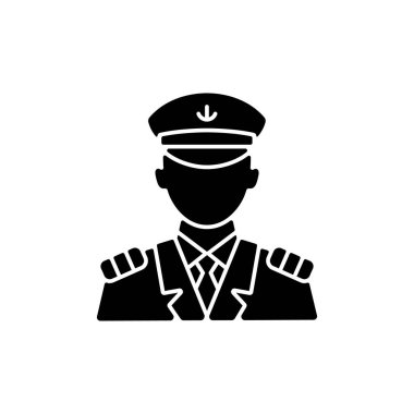 Erkek kaptan siyah kabartma simgesi. Tüm yolcu mürettebatını kontrol eden kişi. Müşteriler için en iyi hizmeti sunuyorum. En iyi hizmeti sağlıyorum. Beyaz uzayda siluet sembolü. Vektör izole illüstrasyonu