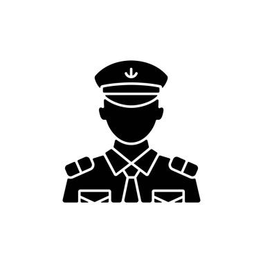 Erkek baş subay, siyah sembol. Kaptana rahat bir yolculuk düzenlemesi için yardım ediyorum. Kontrol mürettebatı. Ziyaretçiler için gemi yolculuğu. Beyaz uzayda siluet sembolü. Vektör izole illüstrasyonu