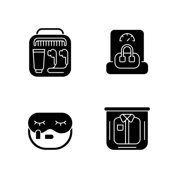 Essential Things Travelling Black Glyph Icons Set White Space Portable — Stock Vector