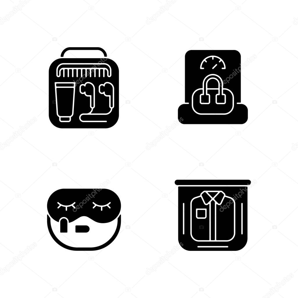 Essential things for travelling black glyph icons set on white space. Portable handbang. Clothing packing. Mini size objects for tourist comfort. Silhouette symbols. Vector isolated illustration