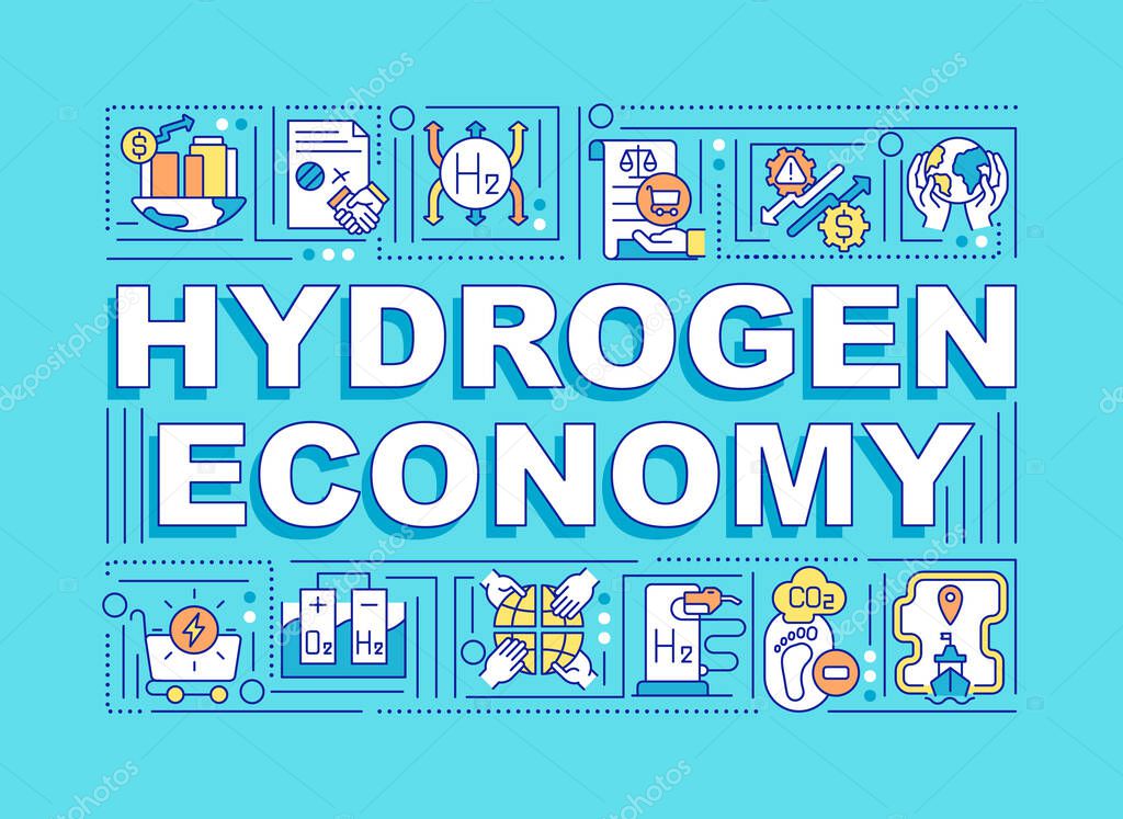 Hydrogen economy word concepts banner. Ecological fuel. Infographics with linear icons on blue background. Isolated creative typography. Vector outline color illustration with text
