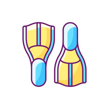 Yüzücüler RGB renk simgesi. İzole vektör çizimi. Dalış yüzgeçleri. Yüzdürme cihazı. Suda ilerliyorum. Güvenlik yüzme yardımı. Tekme eğitimi. İyi bir aksesuar. Yüzgeçler basit doldurulmuş çizgi çizimi