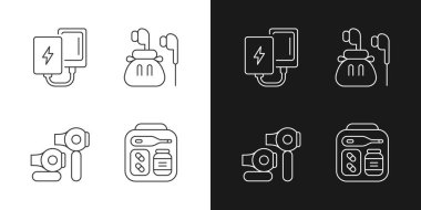 Gezgin bagaj ikonları karanlık ve aydınlık moduna ayarlandı. Güç bankası ve kulaklıkları sıkıştırın. Özelleştirilebilir ince çizgi sembolleri. İzole vektör çizimi çizimleri. Düzenlenebilir vuruş
