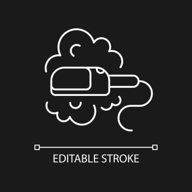 Karanlık tema için seyahat boyutu buharlı demir beyaz doğrusal simge. Küçük bir alet. Taşınabilir cihaz. İnce çizgi özelleştirilebilir illüstrasyon. Gece modu için izole vektör kontur sembolü. Düzenlenebilir vuruş