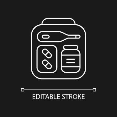 Koyu renk tema için mini ilk yardım çantası beyaz doğrusal simgesi. Yolculuk için ilaç içeren acil durum çantası. İnce çizgi özelleştirilebilir illüstrasyon. Gece modu için izole vektör kontur sembolü. Düzenlenebilir vuruş