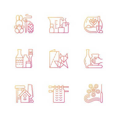 Moda sanatları gradyan doğrusal vektör simgeleri ayarlandı. El yapımı oyuncaklar. Mum yapımı. DIY tropikal teraryum. Şişe boyama. İnce çizgili sembol demetleri. İzole vektör ana hatları illüstrasyon koleksiyonu