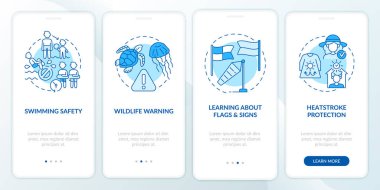 Sahil güvenliği mobil uygulama sayfası ekranında. Güneş çarpması koruması, konseptlerle birlikte dört adımda grafik talimatları gözden geçirir. UI, UX, doğrusal renk çizimleri olan GUI vektör şablonu