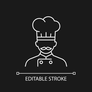 Karanlık tema için beyaz doğrusal simge pişirin. Seyahat sırasında yemek yapmak. Müşterilere hizmet ediyorum. İnce çizgi özelleştirilebilir illüstrasyon. Gece modu için izole vektör kontur sembolü. Düzenlenebilir vuruş