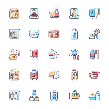 Seyahat boyutu nesneleri RGB renk simgeleri ayarlandı. Uçuş yolcuları için taşınabilir eşyalar. İzole vektör çizimleri. Turist konforu için temel şeyler basit doldurulmuş çizgi çizimleri koleksiyonu