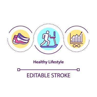 Sağlıklı yaşam tarzı konsept ikonu. Yaşam gelişimi. Vücudunu şekle sokuyor. Spor zamanı. Sağlık soyut fikri ince çizgi çizimi. Vektör izole edilmiş dış hat renk çizimi. Düzenlenebilir vuruş