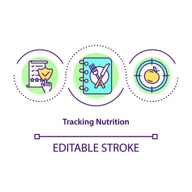 Beslenme konsepti ikonu takip ediliyor. Yemekte tıbbi yeniden uzlaşma. Özel diyet. Organik yemekler soyut fikir ince çizgi çizimi. Vektör izole edilmiş dış hat renk çizimi. Düzenlenebilir vuruş
