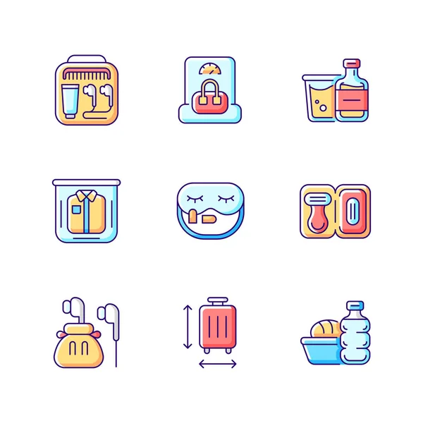 Essential Tourist Pack Travel Rgb Color Icons Set Packing Clothes — Stock Vector