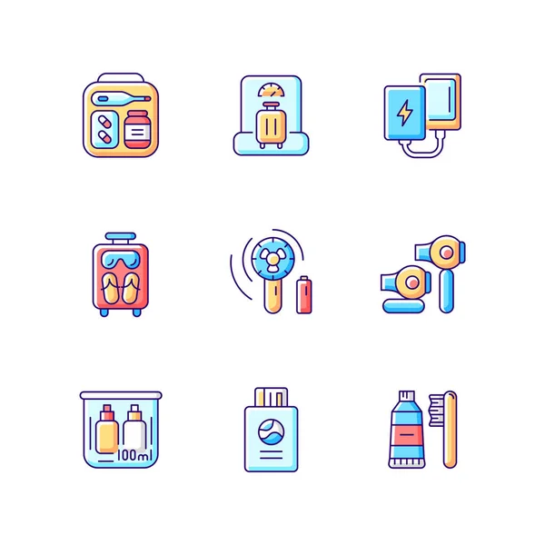 Airplane Passenger Travelling Things Rgb Color Icons Set First Aid — ストックベクタ