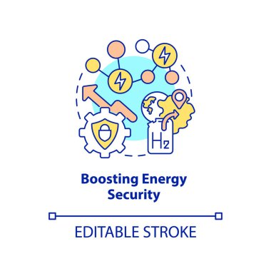 Enerji güvenliği konsepti ikonu artırılıyor. Hidrojen teknolojileri soyut fikir ince çizgi çizimine yarar sağlar. Küresel ekonomiyi geliştiriyorum. Vektör izole edilmiş dış hat renk çizimi. Düzenlenebilir vuruş