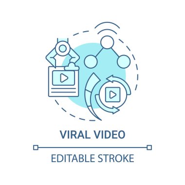 Viral video konsept ikonu. En iyi viral post soyut fikir ince çizgi çizimi. Çevrimiçi paylaşım yoluyla hızla yayılıyor. Açıklayıcı bir format. Vektör izole edilmiş dış hat renk çizimi. Düzenlenebilir vuruş