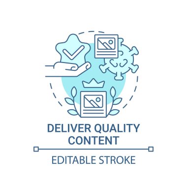 Kaliteli içerik konsepti ikonu gönder. Viral içerik tekniği soyut fikir ince çizgi çizimi. İlgili bilgileri yayınlayın. Sürücü satışları. Vektör izole edilmiş dış hat renk çizimi. Düzenlenebilir vuruş