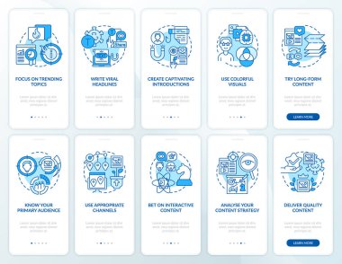 Mobil uygulama sayfası ekranlarında içerik virüsü oluştur. Moda konuları kavramlarla birlikte 5 aşamalı grafik talimatları gezer. UI, UX, doğrusal renk çizimleri olan GUI vektör şablonu