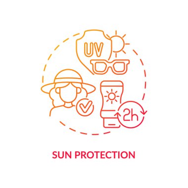 Güneş koruma konsepti ikonu. Yaz tatili güvenlik fikri soyut ince çizgi çizimi. Güneş kremi sürüyorum. Güneş yanıklarından korunmak için. Dışarıdaki deriyi kaplıyor. Vektör izole edilmiş dış çizgi renk çizimi