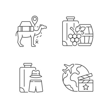 Yurt dışına seyahat simgeleri ayarlandı. Deve kervanı. Hepsi erkek gezisi. Jeti hazırlayın, yurt dışında arama yapın. Özelleştirilebilir ince çizgi şekilleri. İzole vektör çizimi çizimleri. Düzenlenebilir vuruş