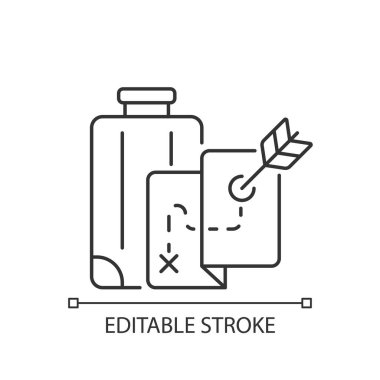 Saggitatouizm doğrusal simgesi. Yolculuğun nereye gideceğine karar vermek için haritadaki dart işareti. Tatil planı. İnce çizgi özelleştirilebilir illüstrasyon. Contour sembolü. Vektör izole çizim. Düzenlenebilir vuruş