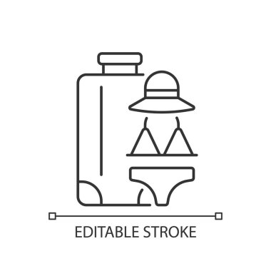 Tüm kızlar doğrusal seyahat ikonu. Bekarlığa veda partisi için gezi. Yaz tatili için kadın giysileri paketliyorum. İnce çizgi özelleştirilebilir illüstrasyon. Contour sembolü. Vektör izole çizim. Düzenlenebilir vuruş