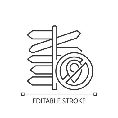 Varış yeri doğrusal simgesi yok. Farklı yönlerde işaret direği. Kısıtlama yerinde. İnce çizgi özelleştirilebilir illüstrasyon. Contour sembolü. Vektör izole çizim. Düzenlenebilir vuruş